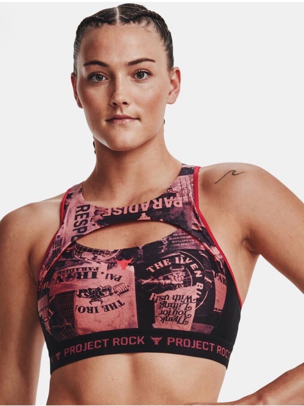 Under Armour Project Rock Black and Pink Graphic Sports Bra